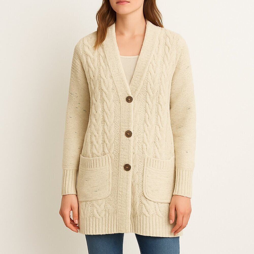 J Jill cozy cable knit long cardigan flecked cotton blend pockets size S